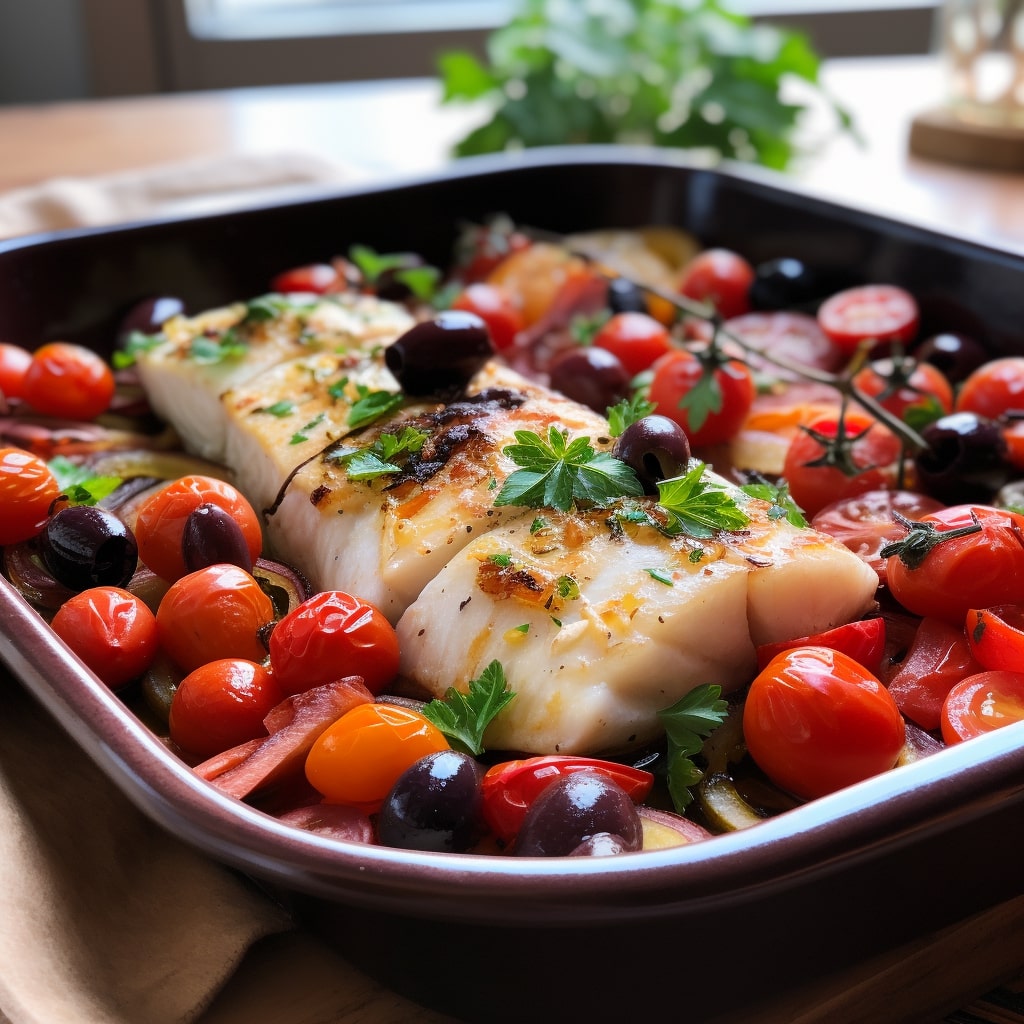 Roasted Halibut with Tomatoes and Olives